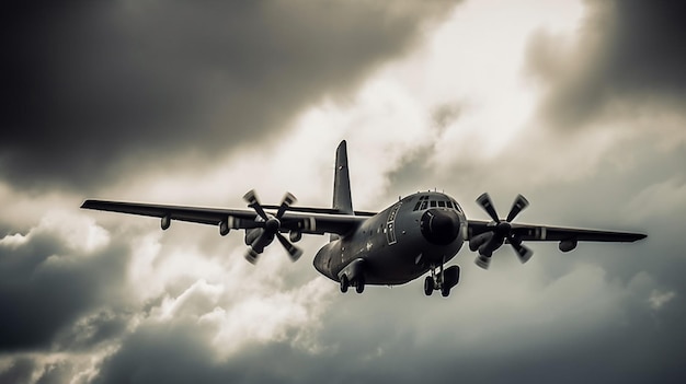 Ein großes Militärflugzeug fliegt am Himmel mit den Buchstaben q - 10 auf dem Heck.