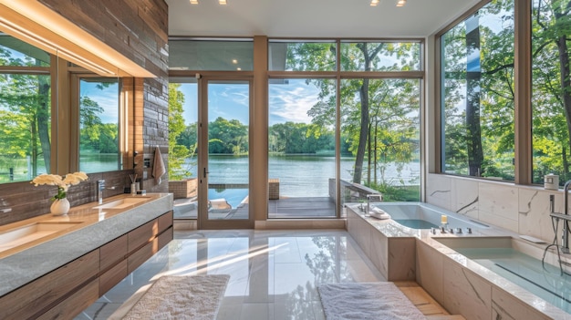 Ein großes modernes Badezimmer mit Fenstern von Wand zu Wand mit Panoramablick auf einen ruhigen See