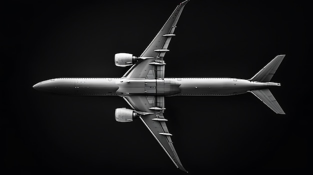 Ein großes modernes Breitkörper-Passagierflugzeug mit seinem Landegerät, das auf einem schwarzen Hintergrund isoliert ist