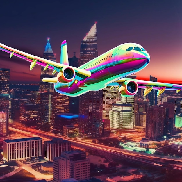 ein großes neonfarbenes Flugzeug über einer wunderschönen Skyline der Stadt