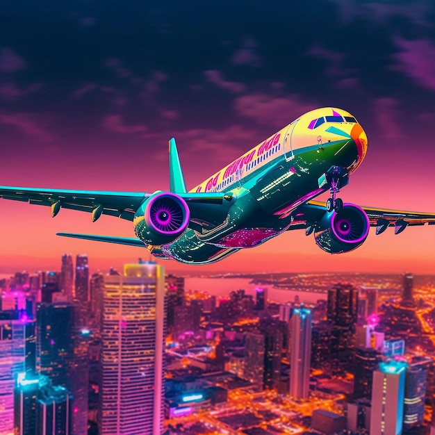 ein großes neonfarbenes Flugzeug über einer wunderschönen Skyline der Stadt