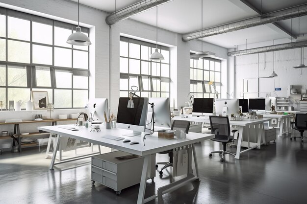 Ein großes offenes Büro mit einem großen Fenster und einem Schreibtisch mit Computern darauf.