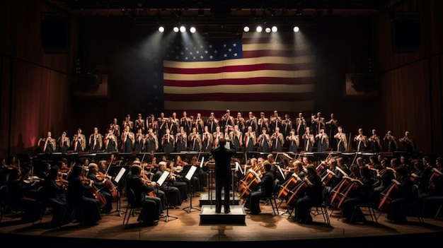 Ein großes Orchester mit einer Fahne dahinter