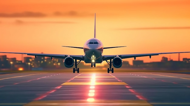 ein großes Passagierflugzeug, das am Abend von einer Flughafen-Landebahn abfliegt