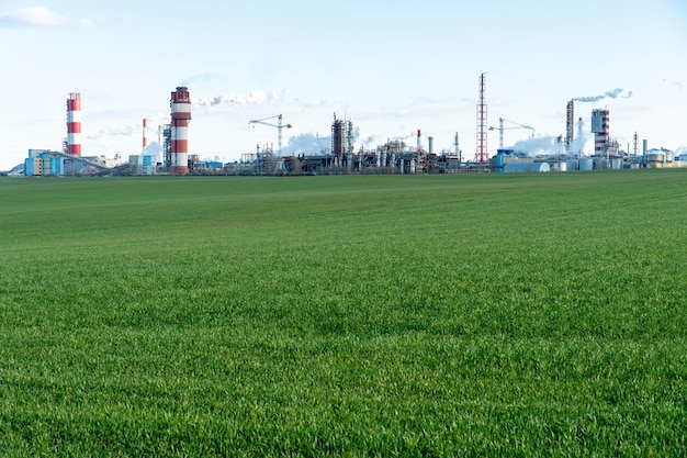 Ein großes petrochemisches Unternehmen vor dem Hintergrund eines Weizenfeldes Neben dem landwirtschaftlichen Feld befindet sich eine Fabrik zur Herstellung von chemischen Düngemitteln. Rauch entweicht aus Fabrikschornsteinen