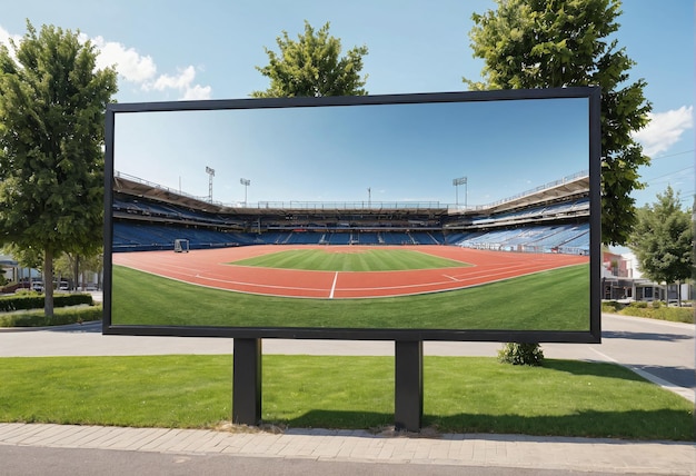 ein großes Plakat mit einem Baseballfeld im Hintergrund