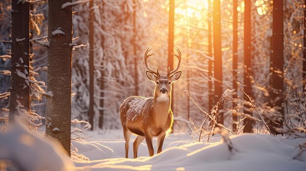 Ein großes Reh steht in einer kalten Winternacht in einem verschneiten Wald bei Sonnenuntergang