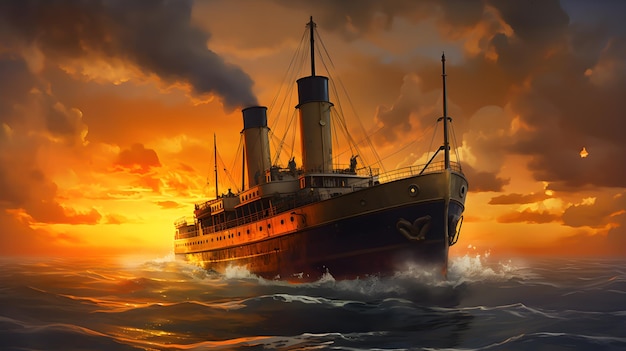 Ein großes riesiges Schiff, digitales Gemälde mit Sonnenuntergang