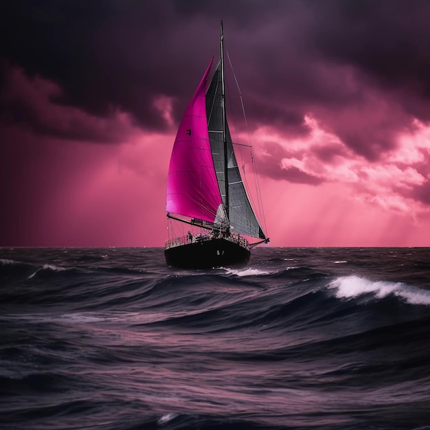 Ein großes rosafarbenes Segelboot mit schwarzen Segeln, das bei Sturm und Gewitter im offenen Meer treibt