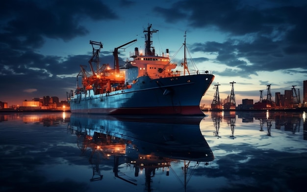 Ein großes Schiff im Wasser bei Nacht AI