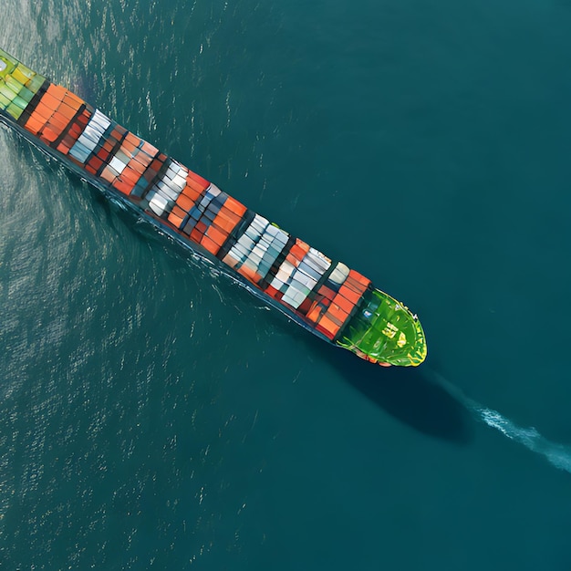 ein großes Schiff mit einem grünen Top und einem gelben Top segelt im Wasser