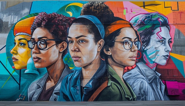ein großes Street Art Wandgemälde, das verschiedene Frauen aus verschiedenen Berufen darstellt