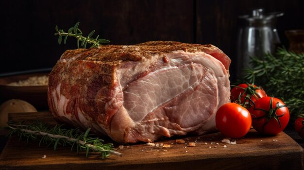 Ein großes Stück Fleisch auf einem Schneidebrett mit Tomaten und Kräutern