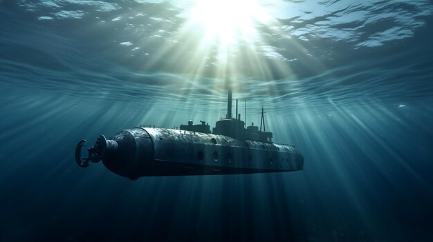 Foto ein großes u-boot auf der oberfläche des ozeans bei sonnenuntergang ai generative