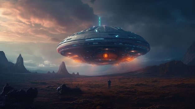 Ein großes UFO, das über eine Wüstenlandschaft fliegt, mit einem Mann im Vordergrund.