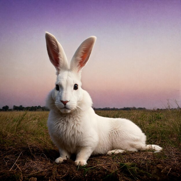 Foto ein großes weißes kaninchen liegt auf einer lichtung mit gras. ein teil der wiese ist gelb geworden.
