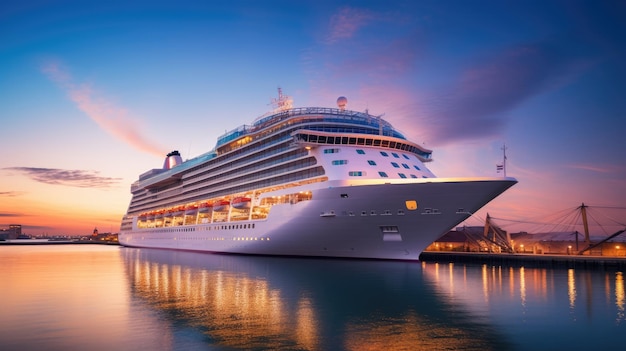 Ein großes weißes Kreuzfahrtschiff steht in der Nähe des Piers bei Sonnenuntergang, Seitenansicht, Sommerurlaub, Reiseabenteuer, heiße Tour