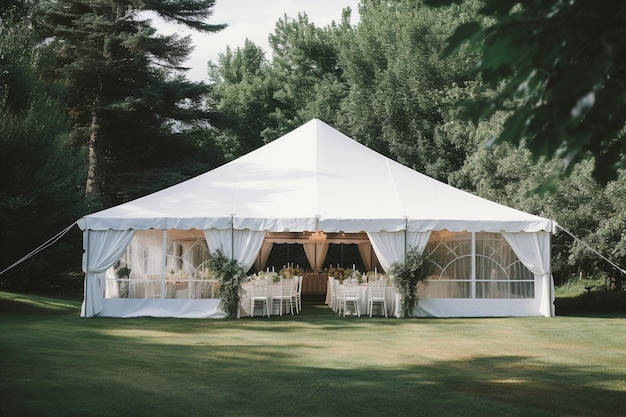 Ein großes weißes Zelt mit einem Tisch für eine Hochzeitsfeier.