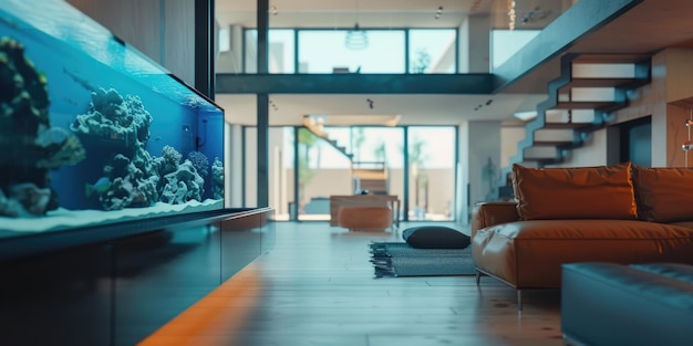 Foto ein großes wohnzimmer mit einem fischbecken in der ecke