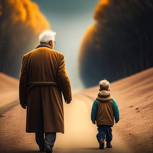 Ein Großvater und ein Enkel gehen eine Straße entlang