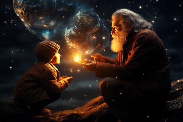 Ein Großvater und ein Kind staunen über ein leuchtendes Licht unter einem kosmischen Himmel