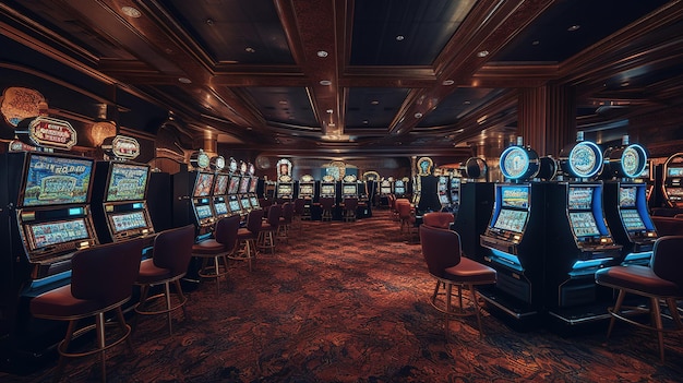Ein großzügiges Casino-Interieur mit zahlreichen Spielautomaten Generative KI