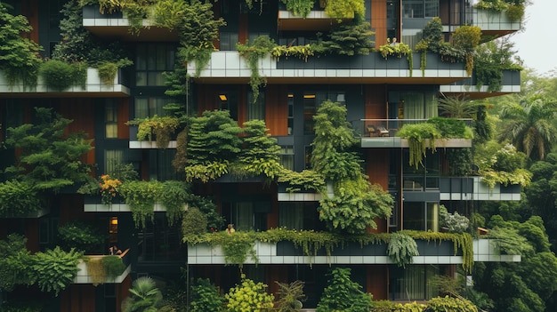 Ein grün bedeckter Wolkenkratzer mit Balkonen, ein Meisterwerk des städtischen Designs AIG41