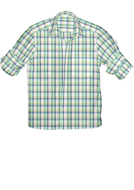 Ein grün-blaues kariertes Hemd mit weißem Hintergrund