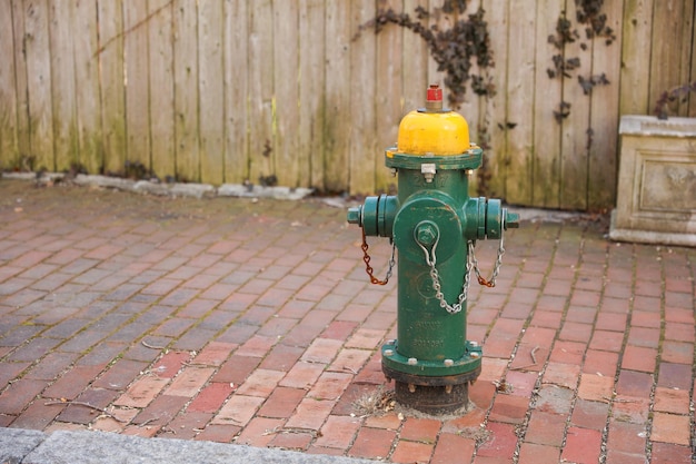 Ein grün-gelber Hydrant mit einer gelben Kappe darauf.