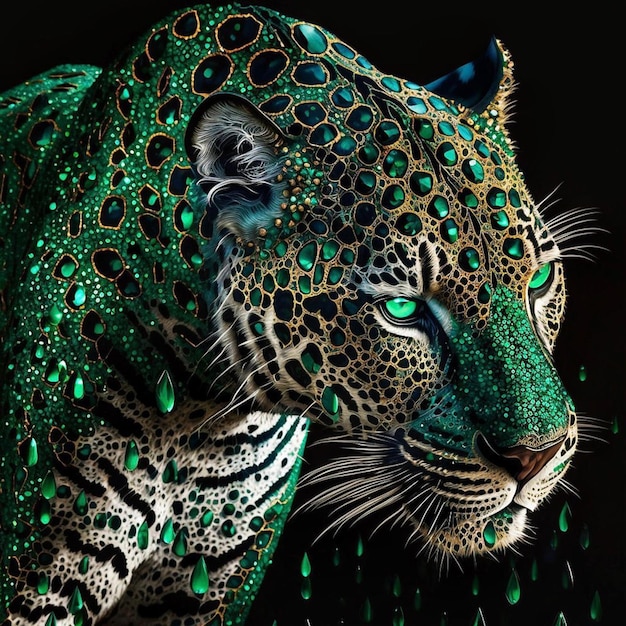 Ein grün-schwarzer Jaguar mit grünen Flecken im Gesicht.