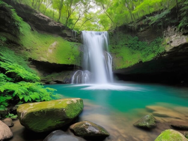 Ein grünblättriger Wasserfall, der die Felsen hinunterfällt
