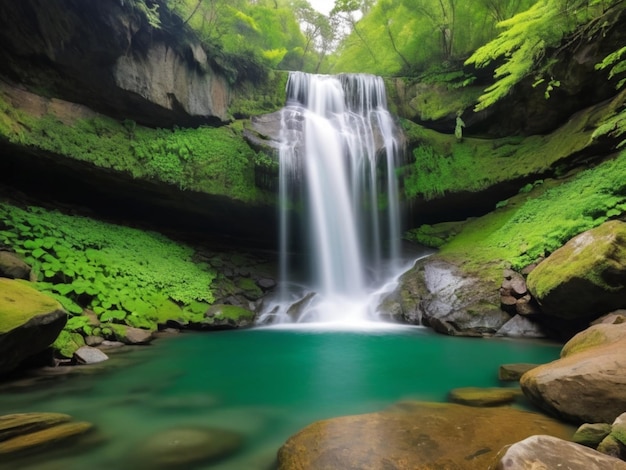 Ein grünblättriger Wasserfall, der die Felsen hinunterfällt