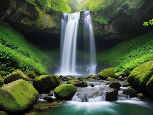 Ein grünblättriger Wasserfall, der die Felsen hinunterfällt