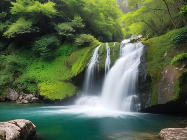 Ein grünblättriger Wasserfall, der die Felsen hinunterfällt