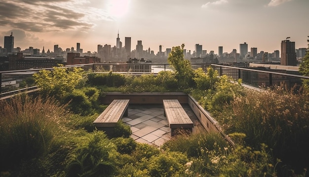 Ein Gründach mit Blick auf die Skyline der Stadt im Hintergrund.