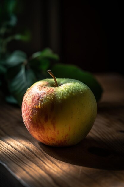 Ein grüner Apfel auf einem Holztisch mit dunklem Hintergrund