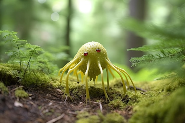 Ein grüner Außerirdischer mit roten Augen ist im Wald.