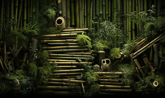 Foto ein grüner bambusstamm mit dunklem hintergrund