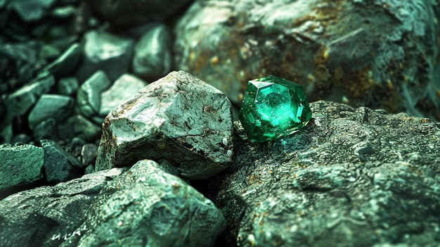 ein grüner Diamant liegt zwischen den Felsen
