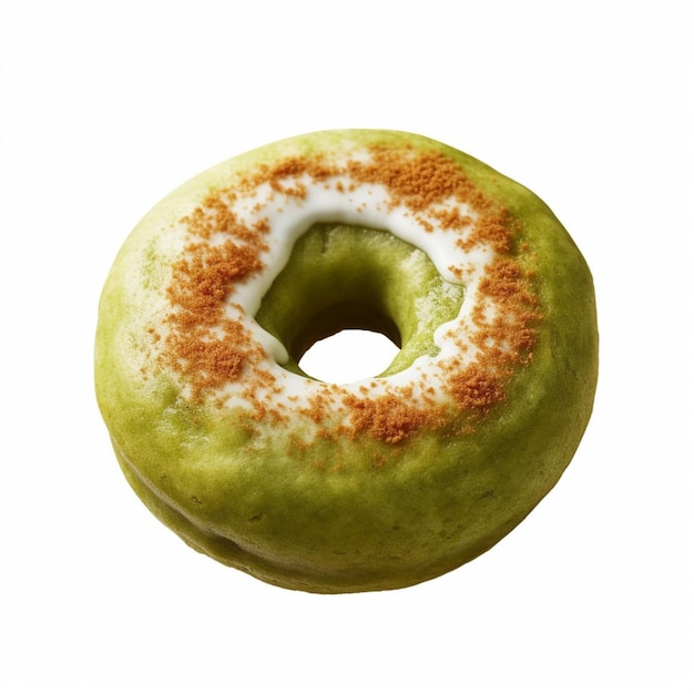 Ein grüner Donut mit weißer Glasur und einem Loch in der Mitte.