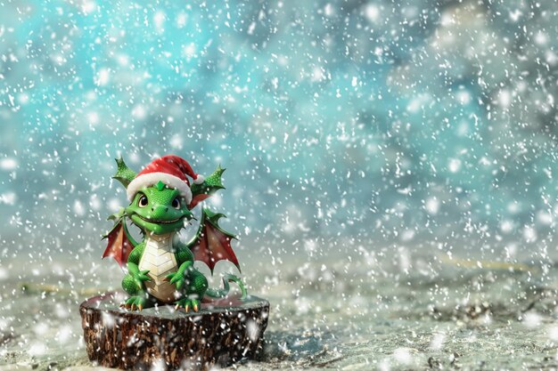 Ein grüner Drache in dem Hut des Weihnachtsmanns Ein Drache in einem märchenhaften Winterwald, in dem Schnee fällt