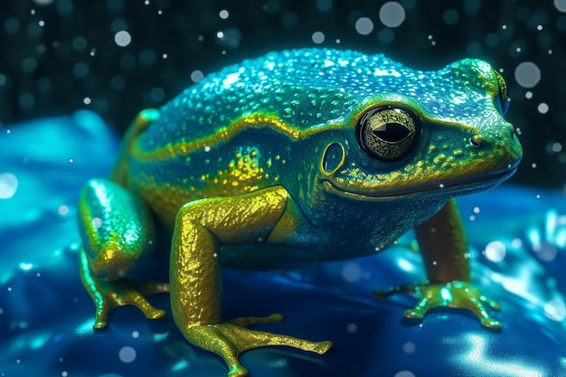 Ein grüner Frosch mit blau-goldenem Körper sitzt auf einer blauen Fläche.