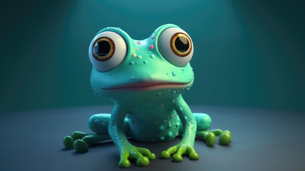 Ein grüner Frosch mit großen Augen sitzt auf einem Tisch.