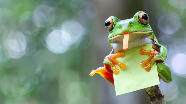 Foto ein grüner frosch mit großen orangefarbenen augen sitzt auf einem zweig, er hat eine klebige notiz in der hand, der frosch schaut in die kamera.