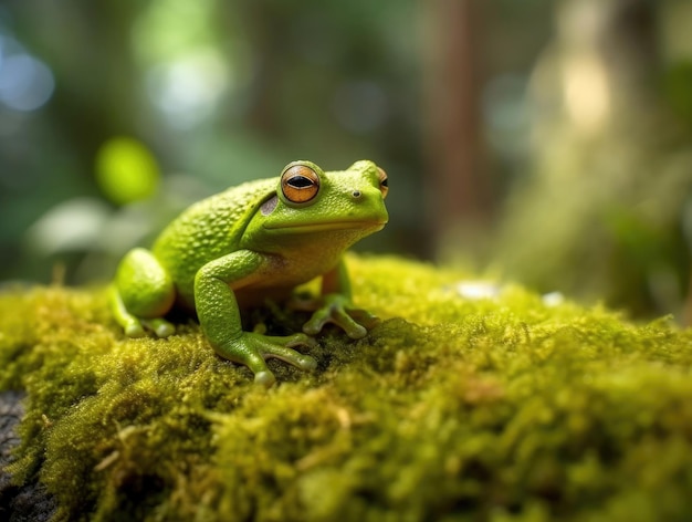 Ein grüner Frosch sitzt auf moosbedeckten Kieselsteinen