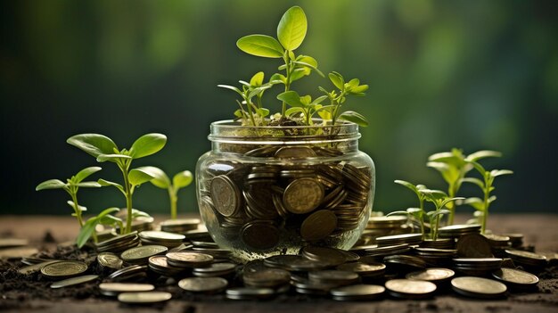 Foto ein grüner globus mit einer weltkarte und einem stapel silbermünzen, auf dem sämlinge sprießen, idee einer nachhaltigen investitionsfinanzierung und eines grünen geschäfts