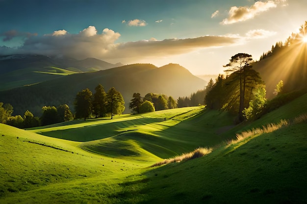 ein grüner Golfplatz mit Blick auf die Berge und Bäume.