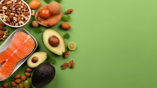 Ein grüner Hintergrund mit Avocado, Nüssen und Samen darauf.