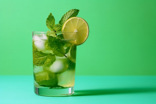 Ein grüner Hintergrund mit einem Glas Mojito und einer Limettenscheibe am Rand.