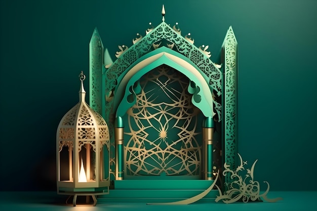 Ein grüner Hintergrund mit einer Moschee und einer Laterne.